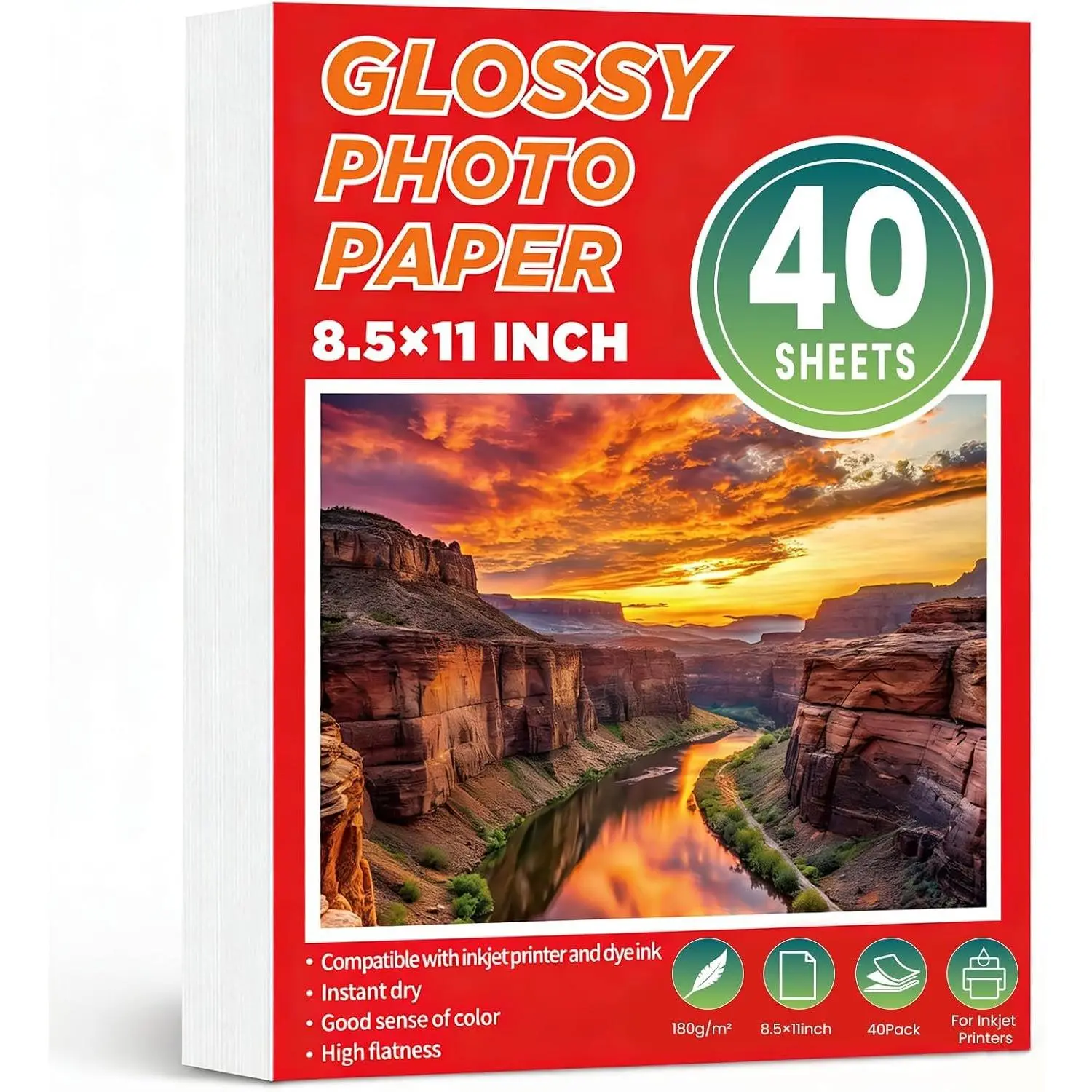 40 Sheets Single Sided Glossy Photo Paper for Inkjet, 8.5x11 Inches, | 180GSM Printer Picture for Inkjet Printer with Dye Ink