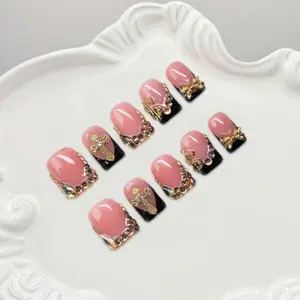 10pcs/Set Handmade Press On Square Nail Tips With French Tips, Rhinestones, Cross, Bow Designs, Y2K Style, Nude & Black Colors, Suitable For Party, Daily Wear, Includes Tool Kit, Gift For Women & Girls Nails Supplies DIY Kit