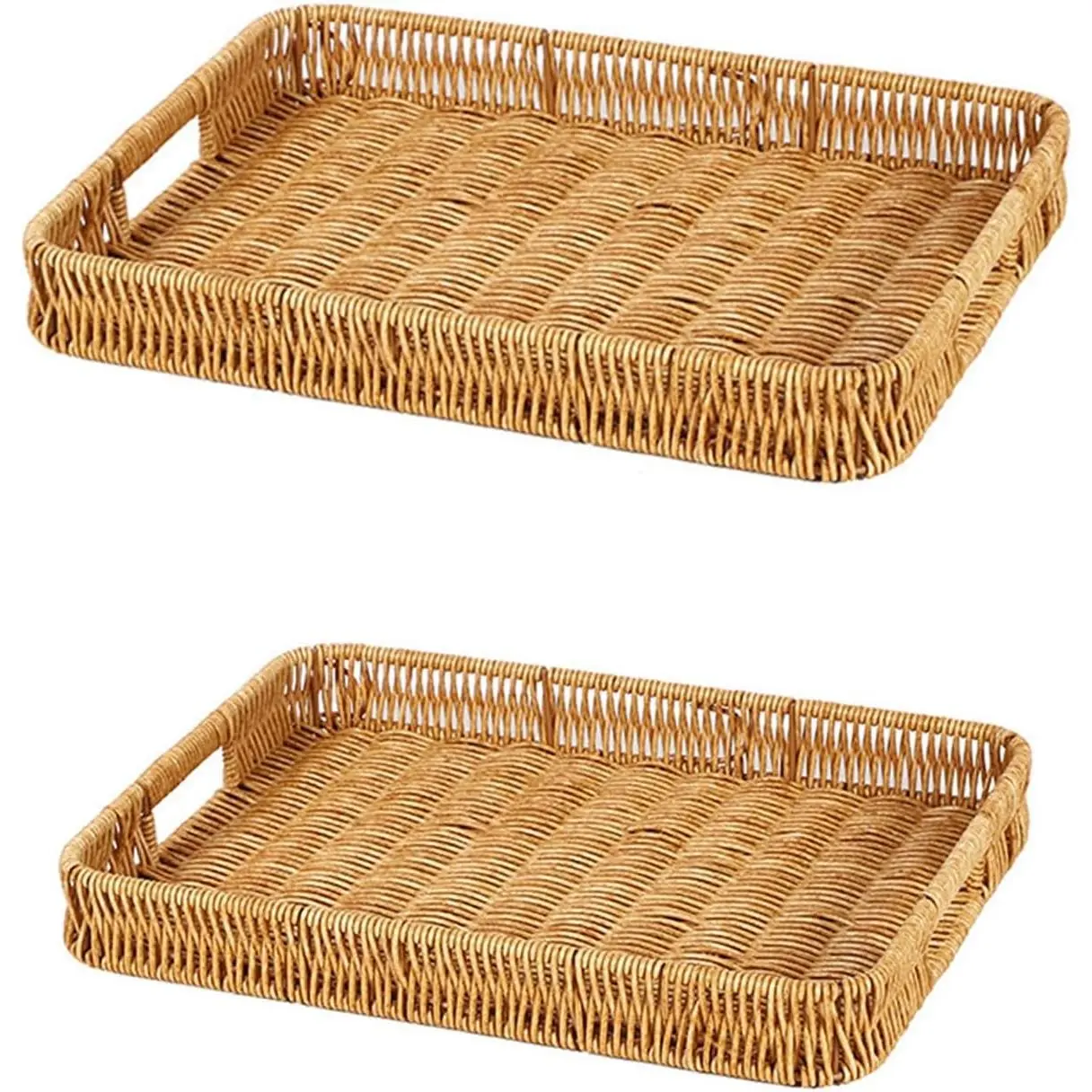 2 Pack Rectangle Rattan Serving Trays with Handles, Decorative Woven Wicker Organizer Baskets Storage Tray for Coffee Table, Bread, Fruit, Snacks
