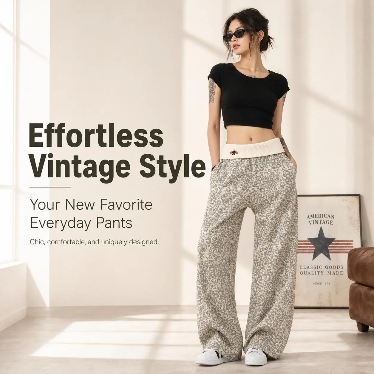 Women Contrast Ribbed Waist Leopard Print Wide Leg Pants, Star Embroidery High Waist Baggy Full Length Casual Trousers