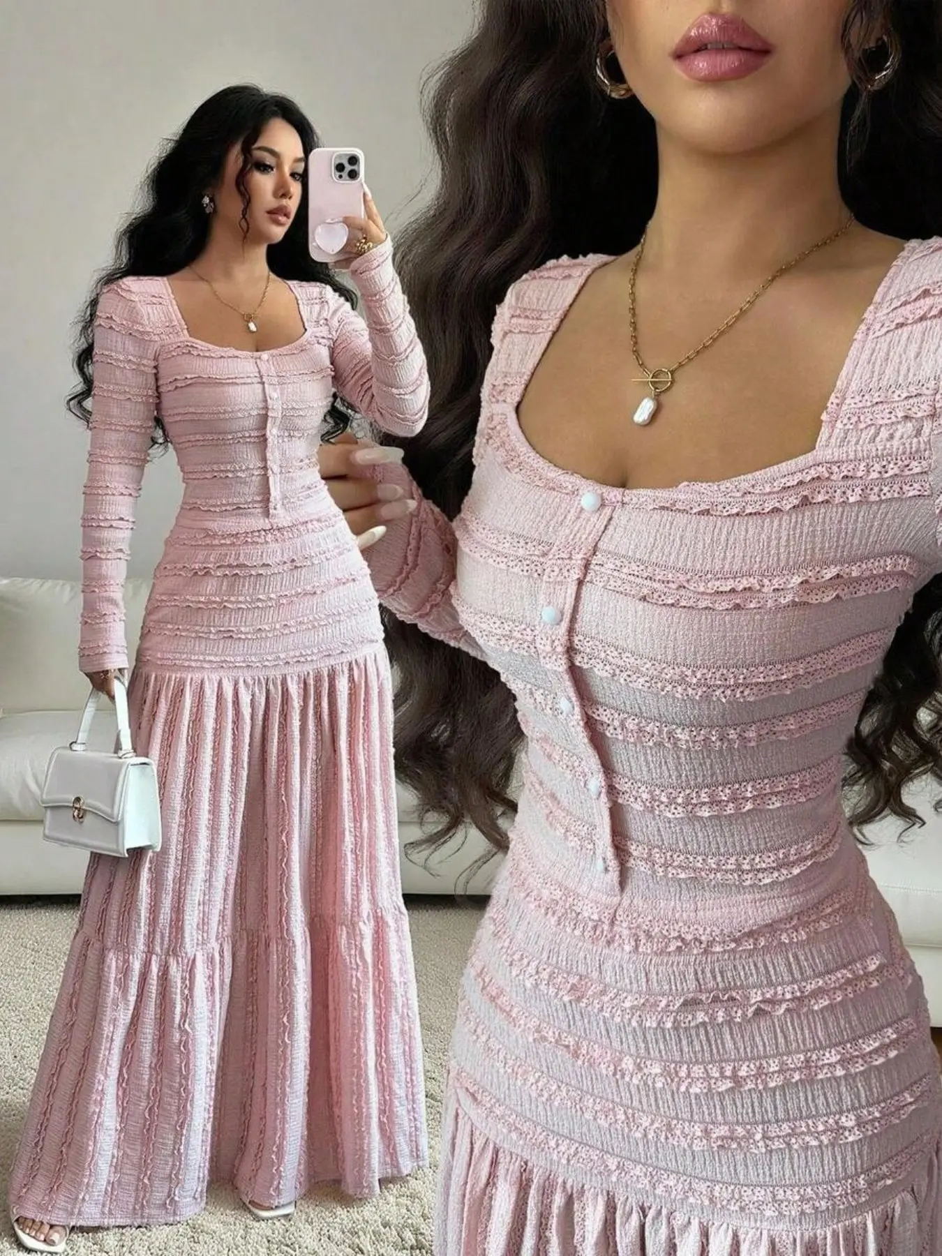 Women Ruffle Square Neck Long Sleeve Maxi Dress, Chic Elegant Tiered Striped Design, Loose Fit, Spring & Fall Wear, Textured Lace Trim