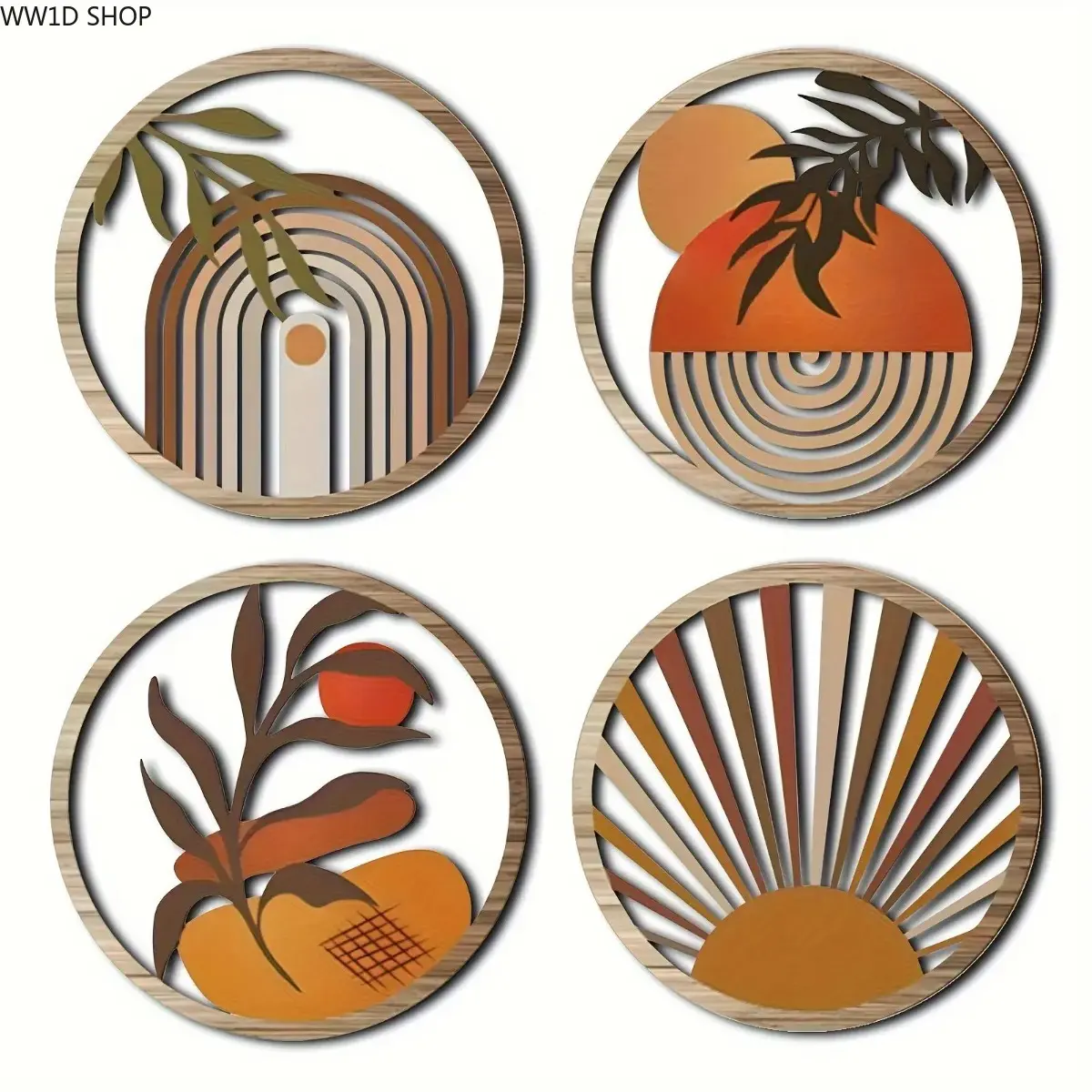 Boho Wall Decor, 4-Piece Wooden Art Set with Hollow Layers, Round Geometric Sun & Leaf Graphic Panels for Living Room & Bedroom, Decoration, Home Decor, Nursery, Plants, Modern Boho, Nature Motifs, Round Panels, Wall Mounting, Everyday Decor