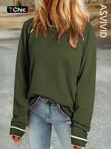 Women's Plain Contrast Binding Waffle Knit Top, Casual Raglan Sleeve Round Neck Top for Fall & Winter, Fashion Ladies' Knitwear for Daily Wear Piece