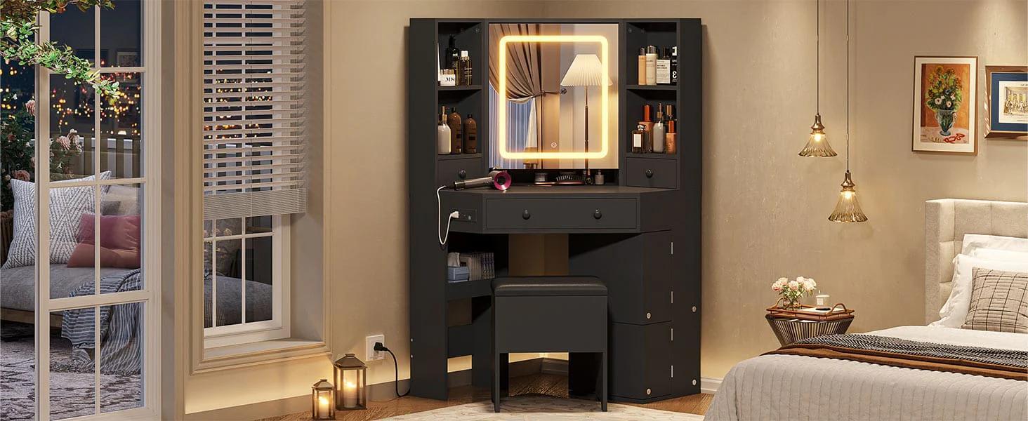 Corner Makeup Vanity Set with Upholstered Storage Stool Black