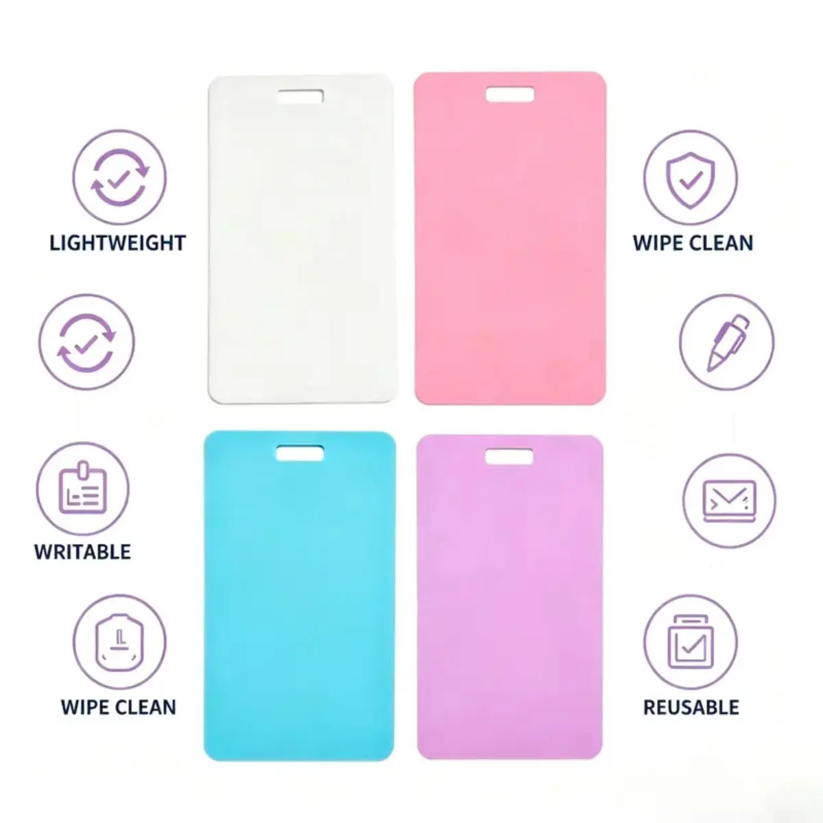 4-Pack Reusable Erasable Coating Badge Buddy Notepads, Dual Vertical-Horizontal Layout Badge Reels Note Pads, Wipeable Pen-Writable Portable Quick Memo Accessory for Indoor Recreation