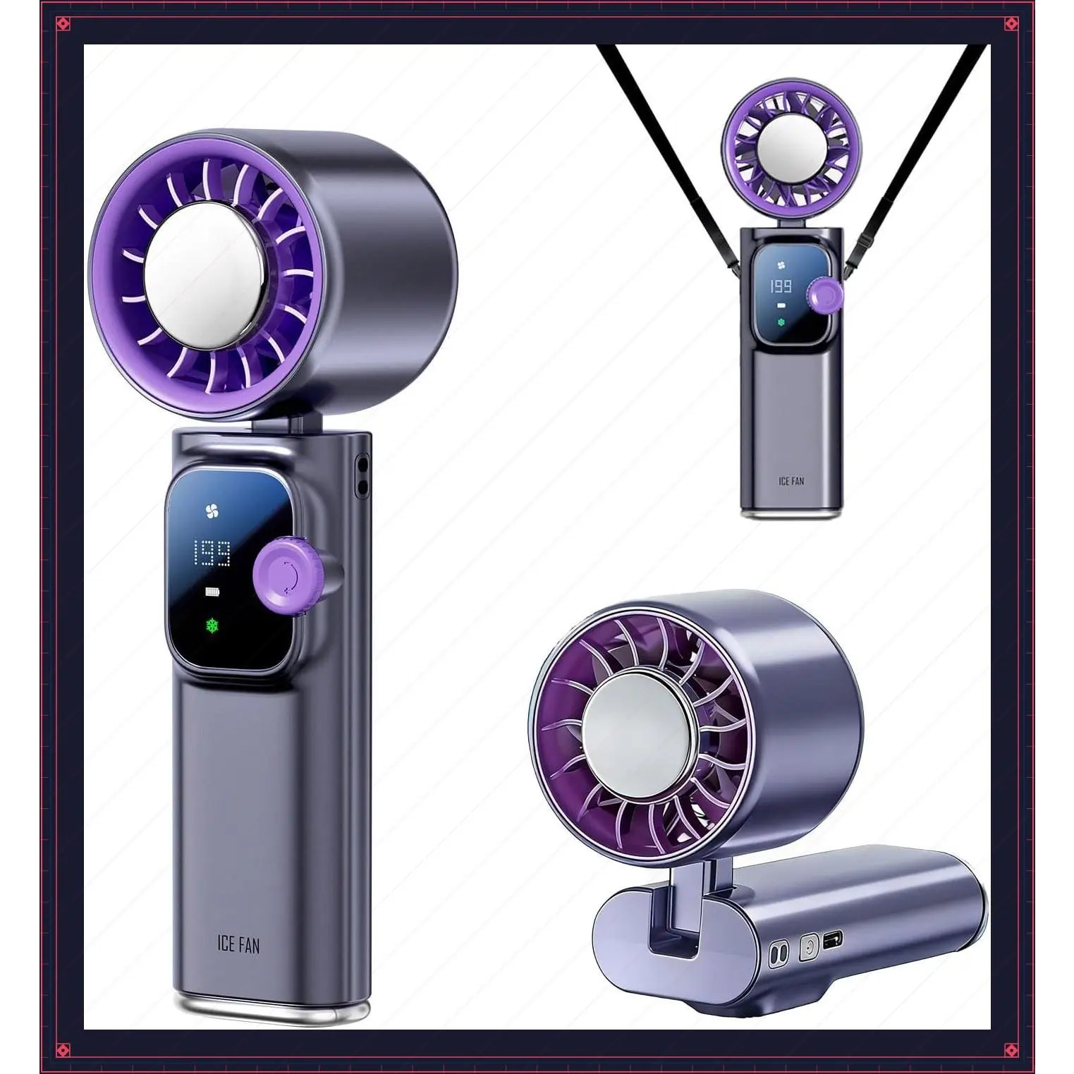 Ice Cooling Handheld Fan with 199-Gear Wind Adjustment, TEC Ultra-Cooling, Ultra-Quiet Motor, Foldable & Hangable, 4000mAh Battery, 23H Runtime, 3 Colors (Gray-Purple)Gift