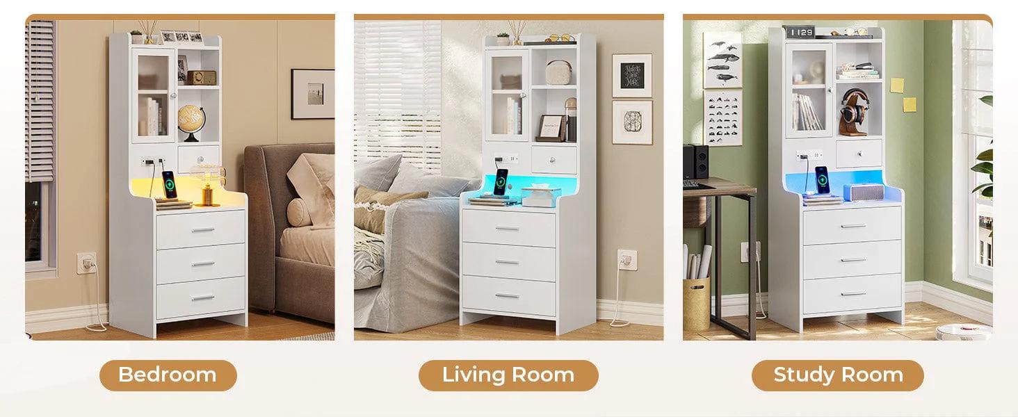 Sikaic LED Tall Nightstand with Glass Door Storage White Modern Accent Tables Modern Furniture Bedside Cabinet