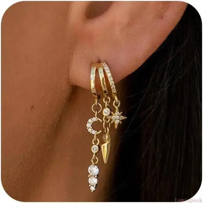 14K Gold Plated Triple Huggie Dangle Earrings, Long Drop Statement Hoops, Hypoallergenic Dainty Jewelry, Elegant Ear Ornaments for Women