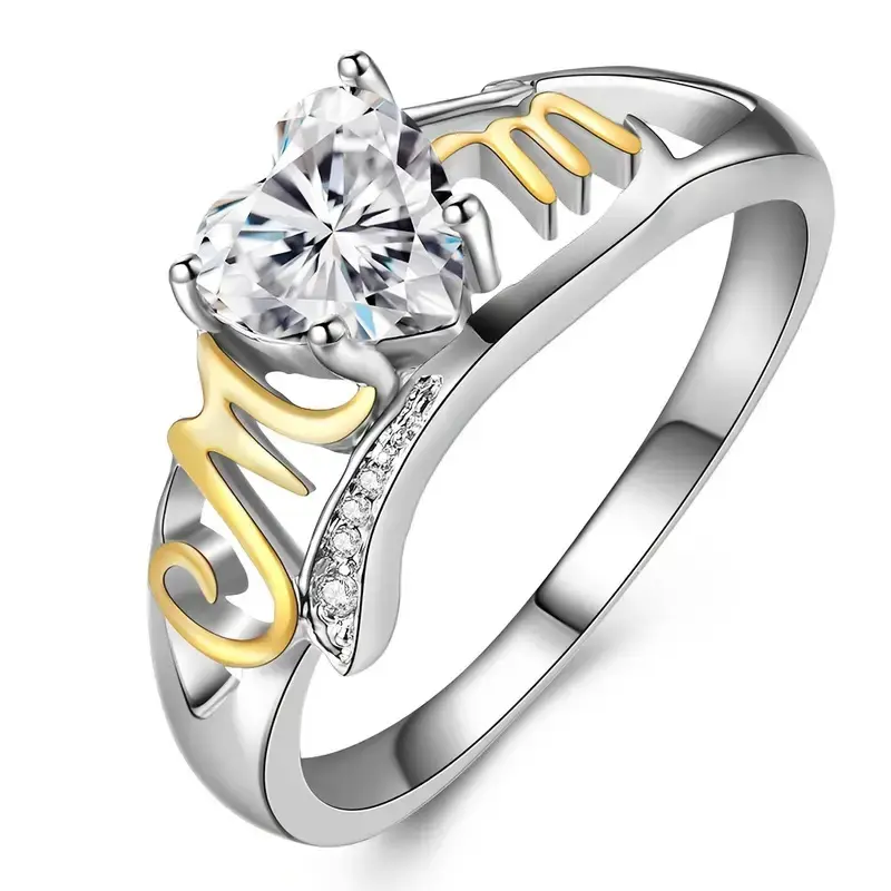 Heart Cubic Zirconia Mom Love Ring |   Two-Tone Mothers Day Jewelry Gift for Mother