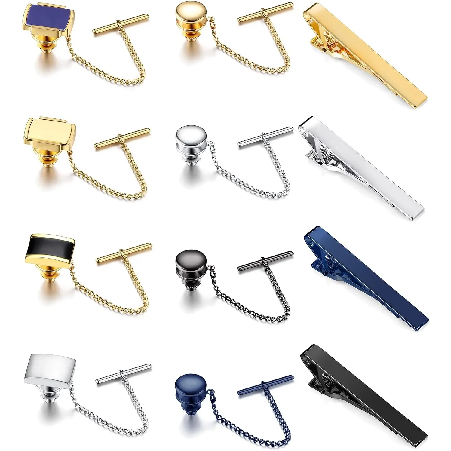 Tie Tacks for Men Tie Bar Clip for Regular Ties Necktie Mens Ties Tacks Clutch with Chain for Wedding Business Pin Clips Mixes Color
