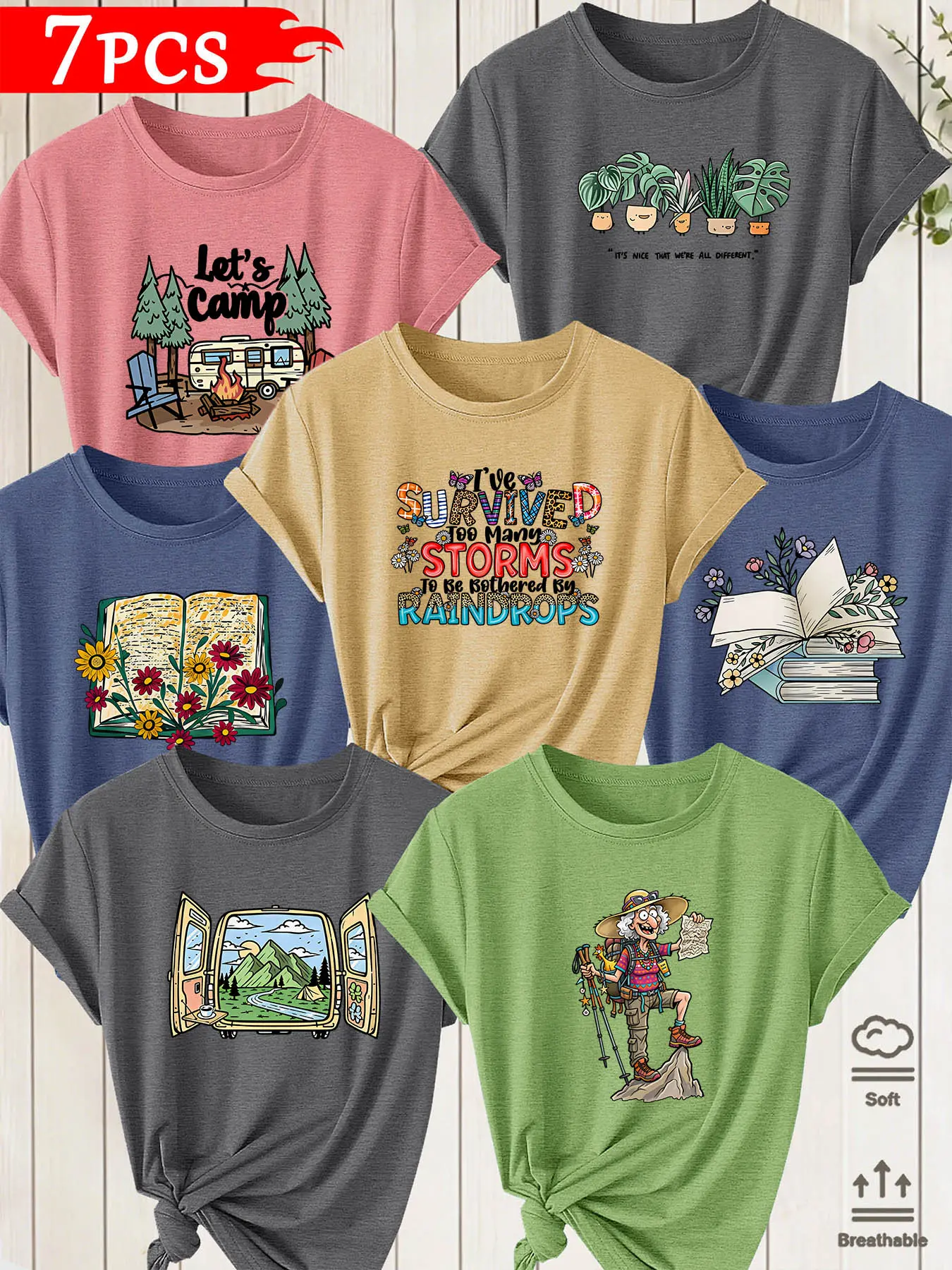 7Pcs Women Crew Neck T-Shirt, Camping RV Plant Book Hiking Outdoor Mountain Scenery Print, Multi-color Washable Spring Summer Top, Soft Skin-friendly Fabric Daily Versatile Fashion Design