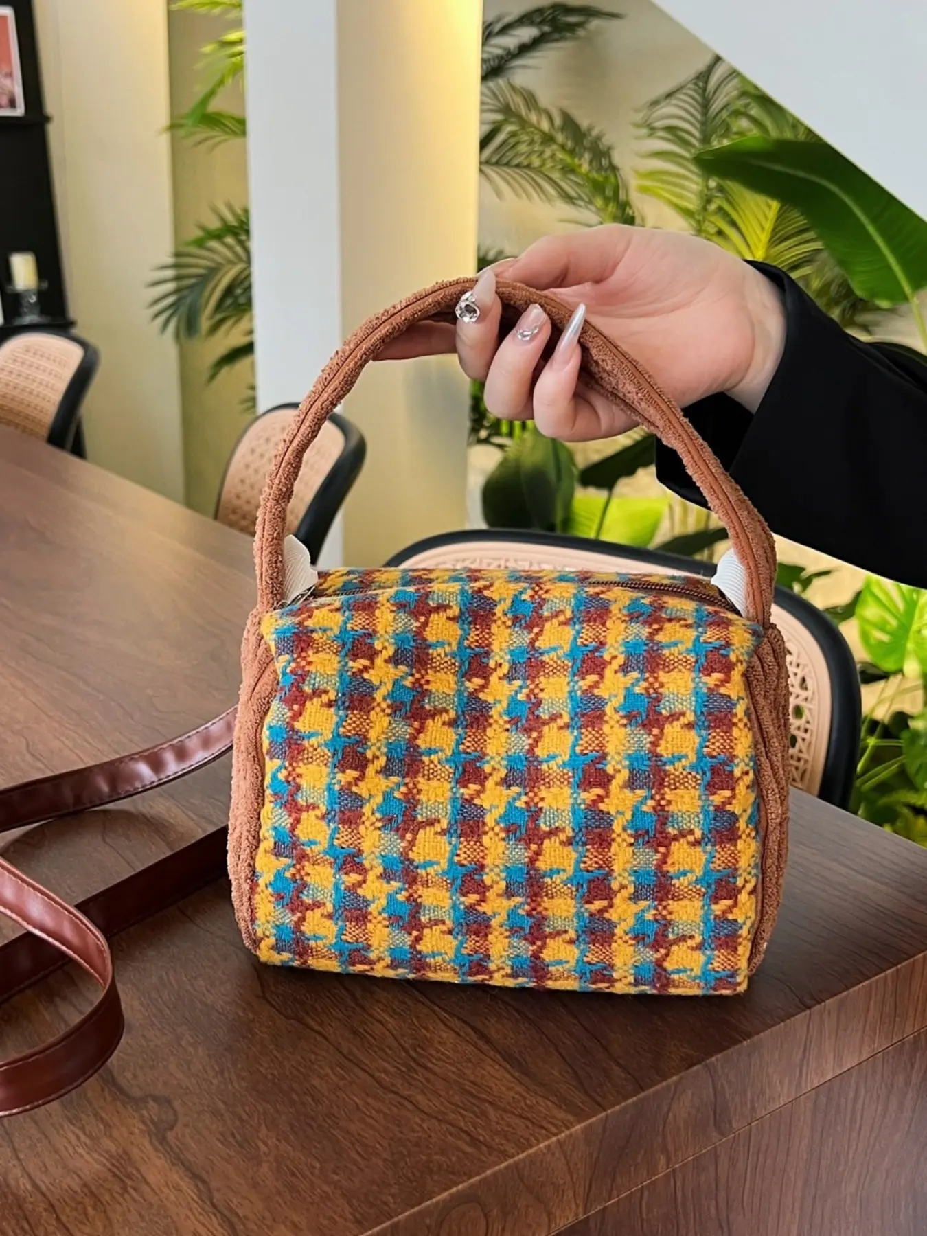 Vintage Plaid Faux Fur Mini Bag, Dual Strap Design, Perfect for Students & Office Ladies, Ideal for Fall Outing & Short Trips
