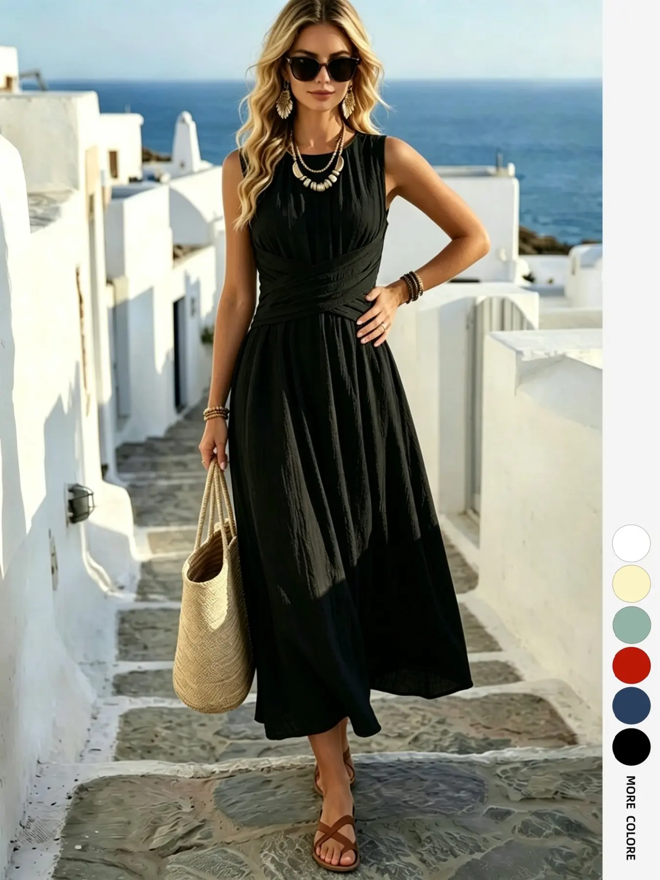 Boho Style Lightweight Sleeveless Midi Dress, Loose Fit Casual Daily Wear, Summer Women's Dress