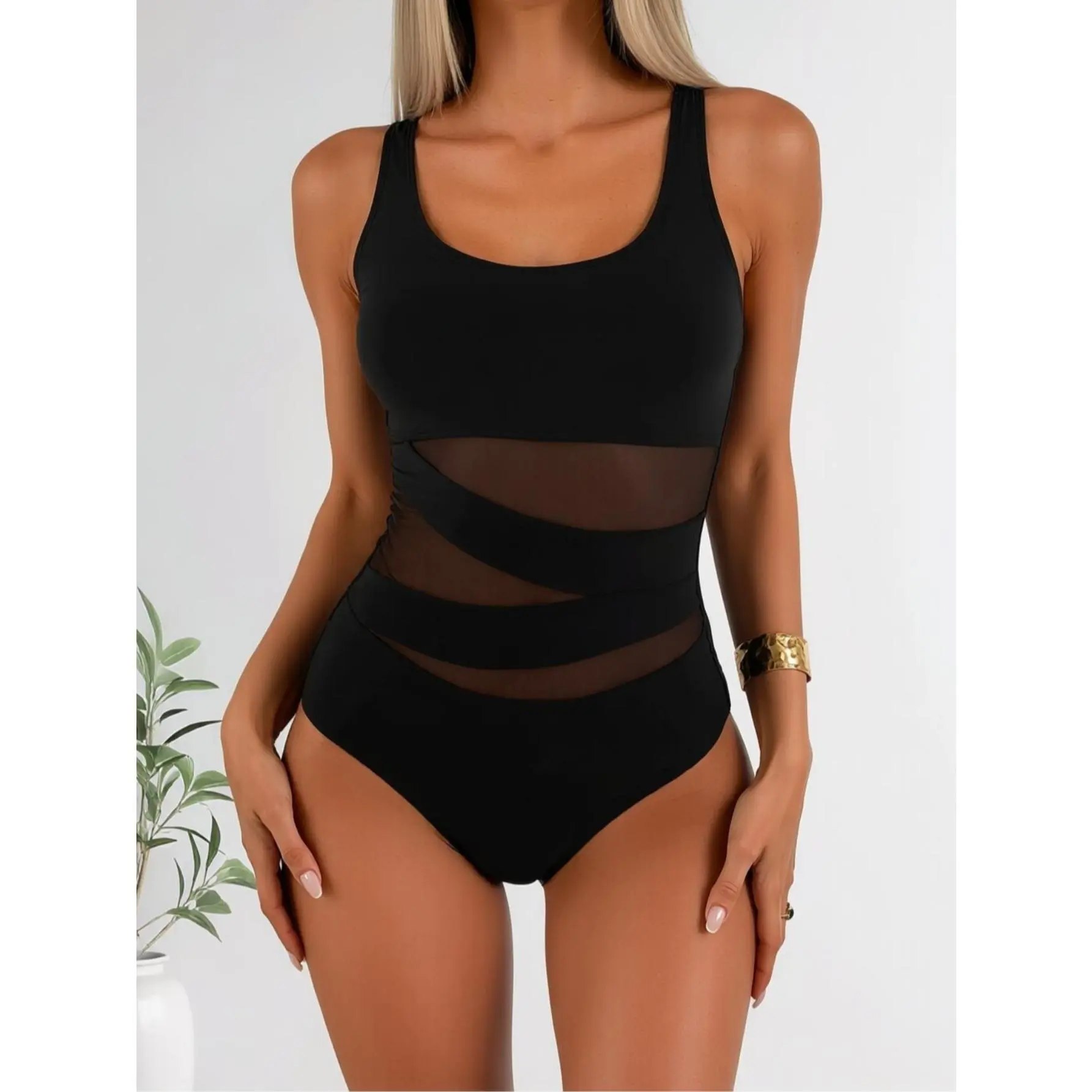 Women's Solid Black 1-Piece Swimsuit - U-Neck Wide-Strap Sleeveless, Diagonal Mesh Panel Cutout, Tummy Control Slimming Full-Body Flattering Fit, for Beach Swimming #OnePieceSwim #SummerVibes, Swimsuit For Women, One Piece Style