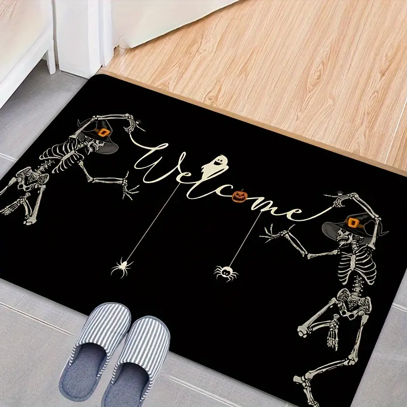 Spooky Halloween Welcome Doormat - Skeleton Dance Design with Bats & Pumpkins, Black & Orange Outdoor/Indoor Entry Mat, Machine Washable Mat for Front Door, Porch, Patio Decor