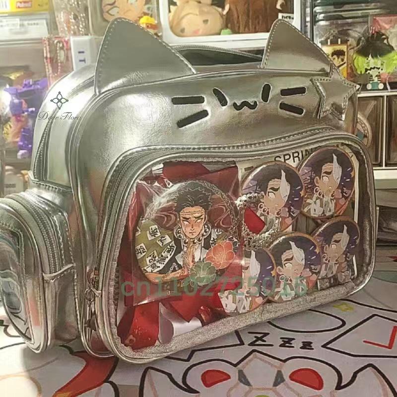 Y2K Korean Cute Cat Ita Bag Japan Kawaii PU Crossbody Bag Girls Transparent Pocket Harajuku Shoulder Bag Silver Fashion Backpack