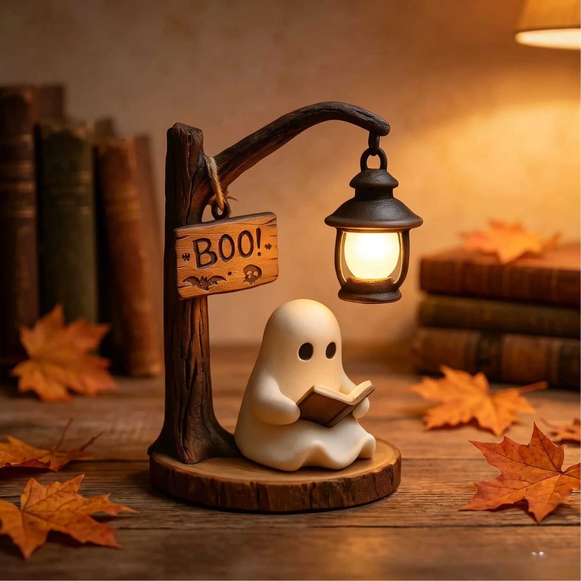 Reading Ghost Desktop Lamp, Retro Branch Hanging Lantern Resin Sculpture, Elegant Spooky Halloween Table Light, Bedside Decor for Bedroom Living Room Office, Unique Halloween Home Decor Gift