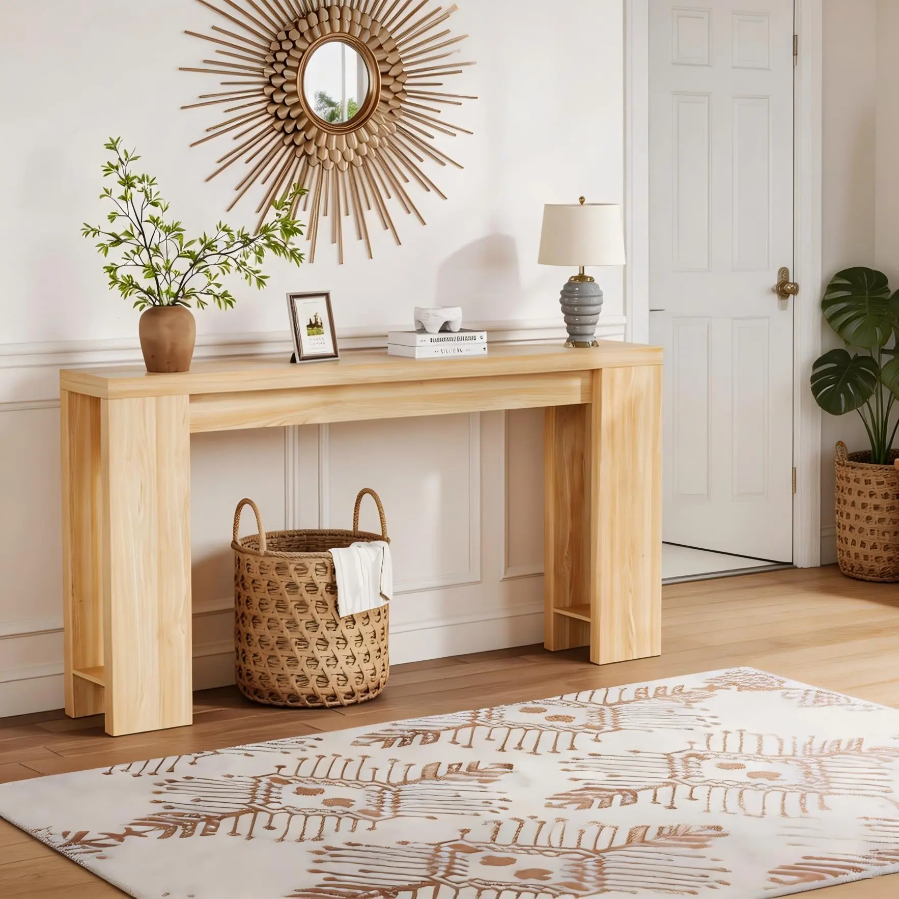 Garvee Oak Finish 70.9 in Long Narrow Sofa Console Table - Lower Storage Shelf, Easy Assembly, Space-Saving Indoor Furniture