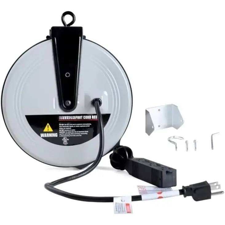 25 FT Retractable Extension Cord Reel with 3 Electrical Outlets, 16AWG/3C SJTW Power Cord for Indoor & Outdoor Use, UL Listed