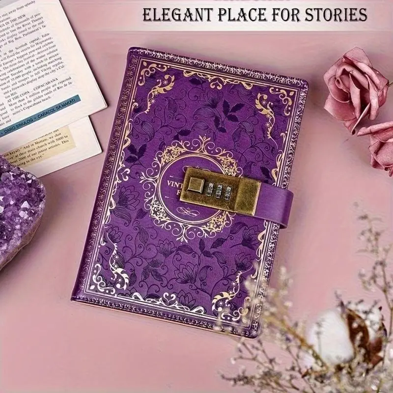 Retro leather password lock notebook, A5 embossed secret diary with lining pages, suitable for writing, suitable for women, girls, adult gifts, 5 colors to choose from.