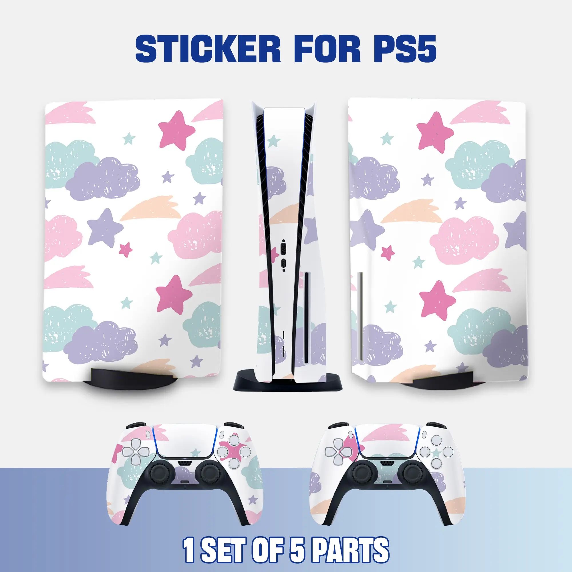Ps5 Disc Edition Controller Vinyl Sticker Set, Cute Hand-Drawed Cloud Stars Meteor Patterns in Macaron Colors, Scratch-Resistant Waterproof Durable Removable Game Console Protective Film