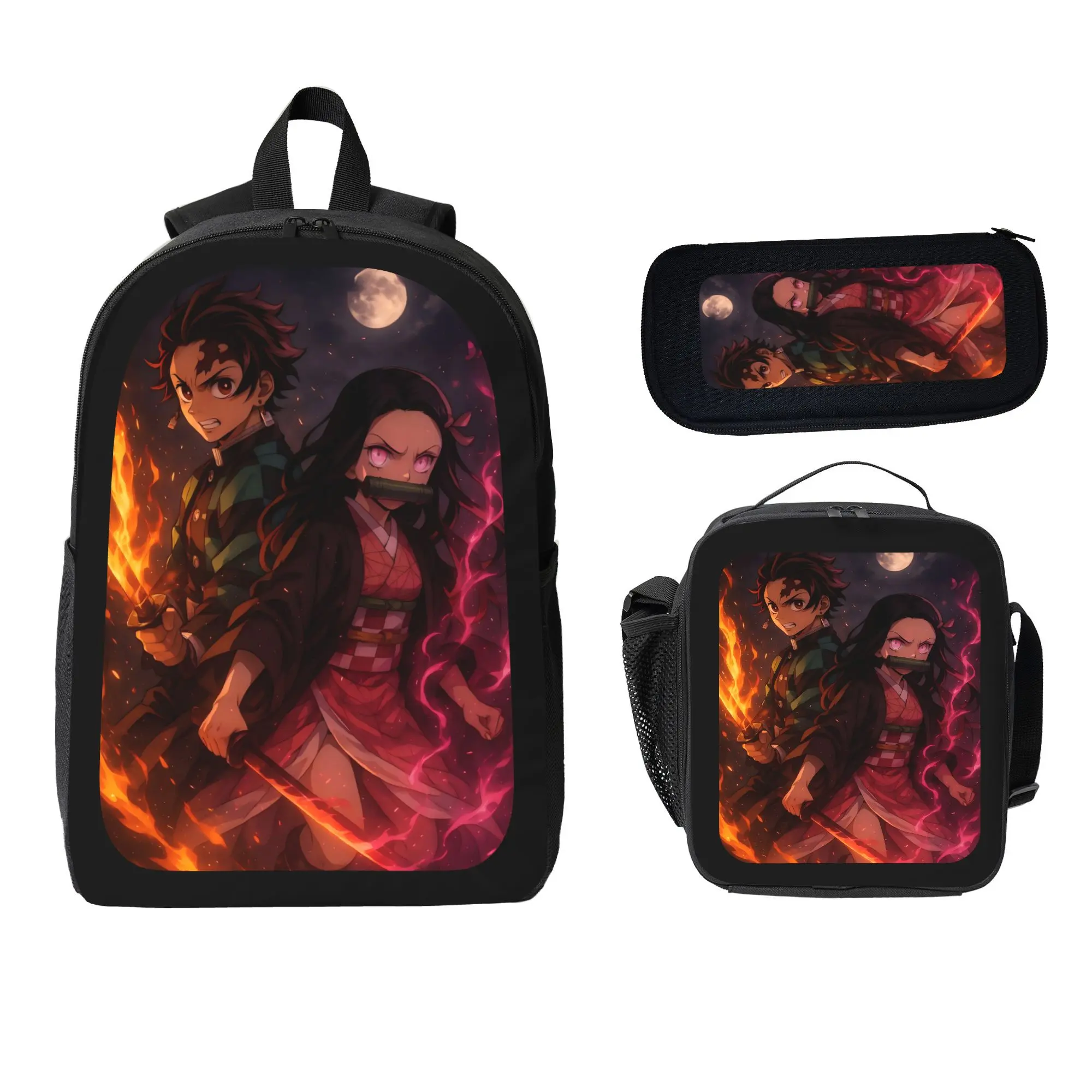 Anime Demon Slayer Unisex 3-Piece Multi-Function Backpack Set with Tanjiro and Nezuko Print, Otaku Collectible for Daily School Activities, Built-in Organizer, Zip Lunch Bag, Zip Pencil Case, Functional Luggage Backpack