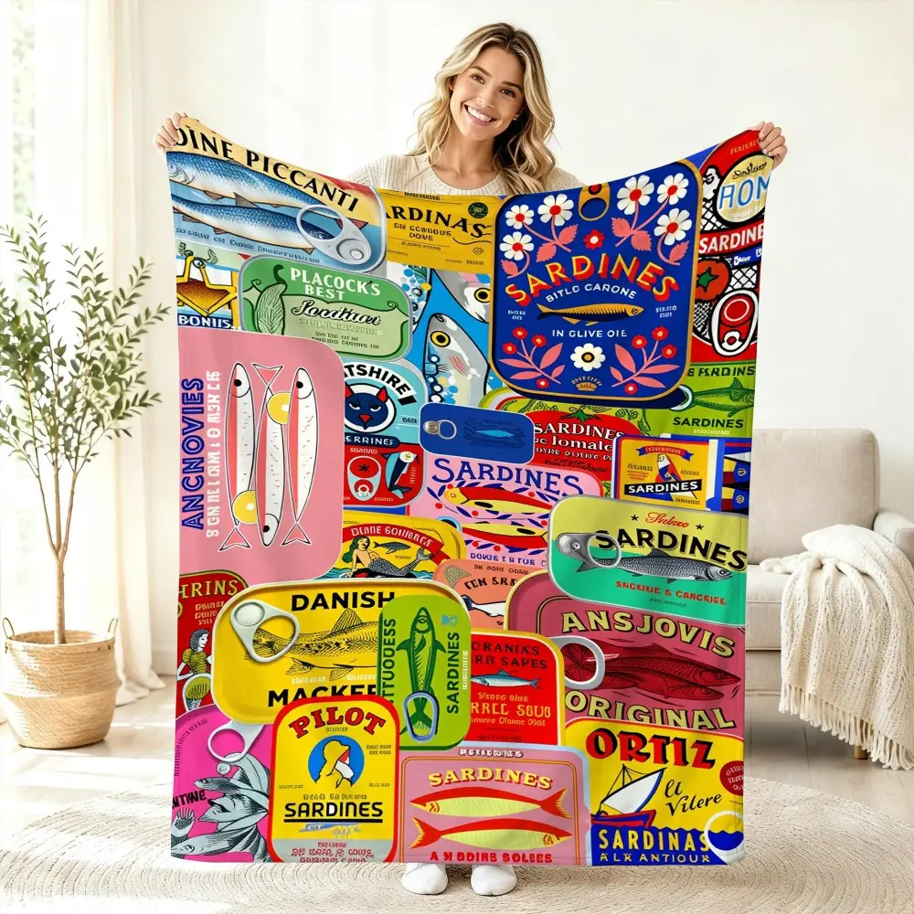 Retro Sardine Tin Print Throw Blanket, Colorful Vintage Fish Can Pattern Blanket, Maximalist Eclectic Home Decor, Cozy Boho Throw