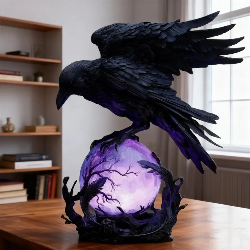 Glowing Orb Raven Statue - A Gothic-style lamp featuring a raven perched atop a luminous orb.This outdoor "moonlight" lamp is perfect for Christmas and year-round decoration, making it a unique gift for Gothic collectors, book lovers, and Halloween enthu