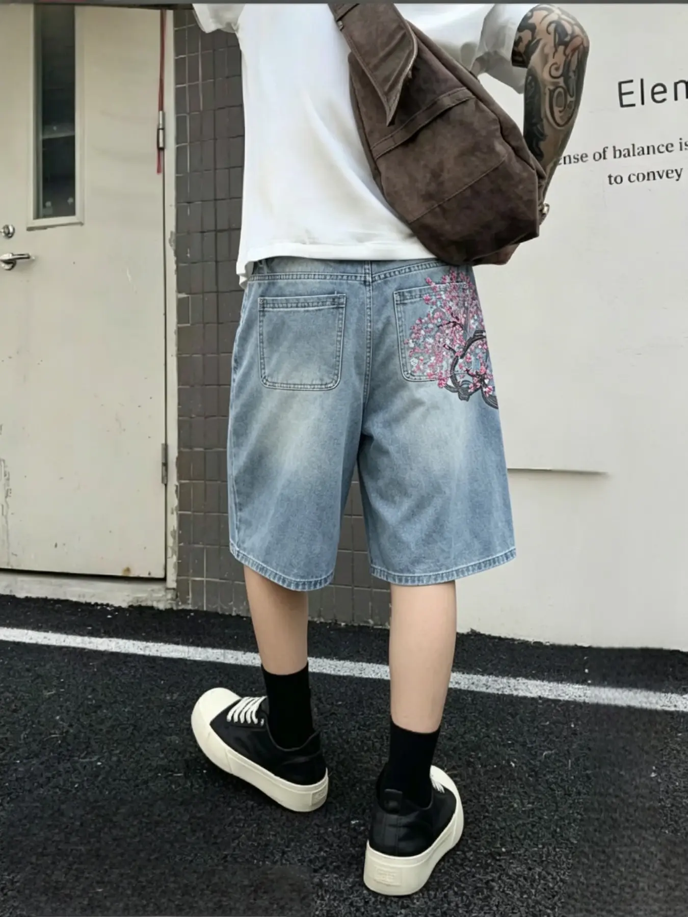 Men's Light Blue Wash Denim Shorts, Cherry Blossom Embroidered Baggy Wide Leg Jorts, Streetwear Casual Shorts, Mid Waist, Loose-Fitting