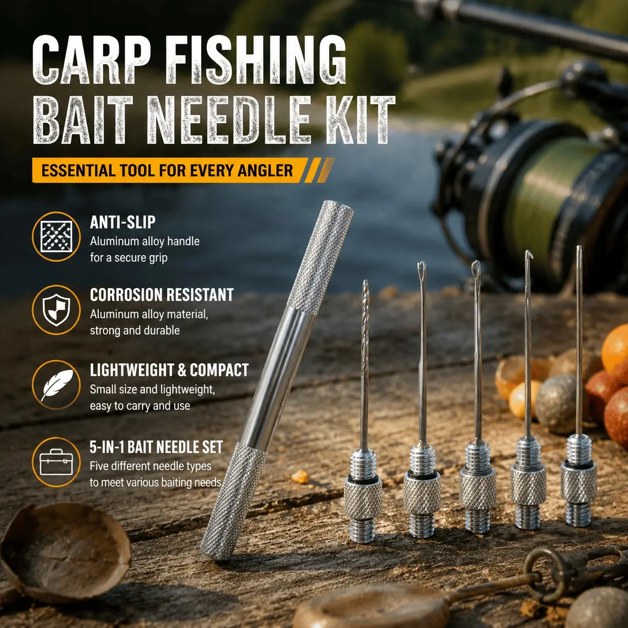 5-in-1 Multi-Functional Carp Fishing Tool Kit with Baiting Needle, Threader, Anti-Slip Aluminum Handle, Durable Corrosion-Resistant Gear, Portable Fishing Accessories for Freshwater Angling