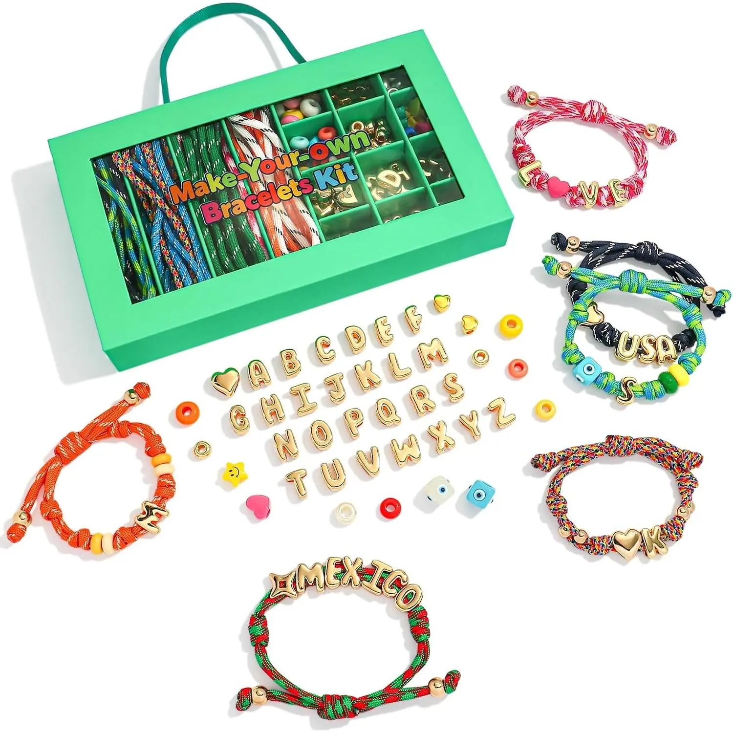 DIY Initial Friendship Bracelet Making Kit with Bubble Letter, Pony Beads, Woven Ropes & Charms - Custom Beaded Jewelry Making Supplies, Personalized Craft GiftsGift