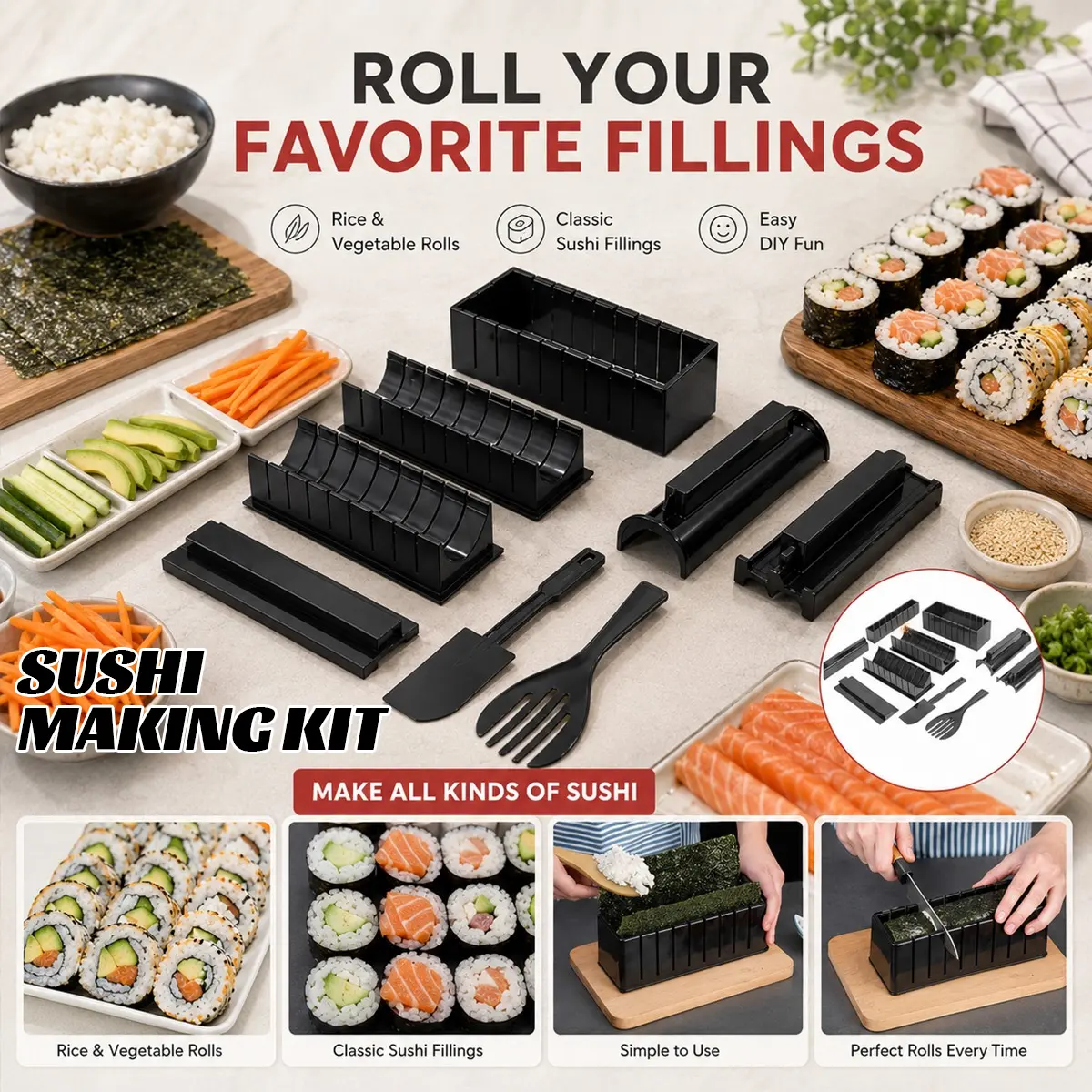 10PCS Sushi Making Kit, Home Sushi Maker Set for Beginners with Rice Roll Mold, Press Tools, Spatula, Fork, Easy-to-Use Plastic Design for Rice, Vegetable Rolls, Kitchen, Family Dinner, Party Prep, Cooking Accessories, Gift Set