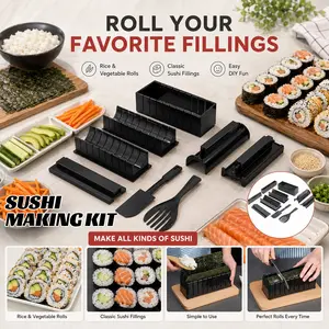 10PCS Sushi Making Kit, Deluxe Home Sushi Maker Set for Beginners with Rice Roll Mold, Press Tools, Spatula, Fork, Multiple Shapes, Sturdy Easy-to-Use Plastic Design for Rice, Vegetable Rolls, Kitchen, Family Dinner, Party Prep and Gift Set