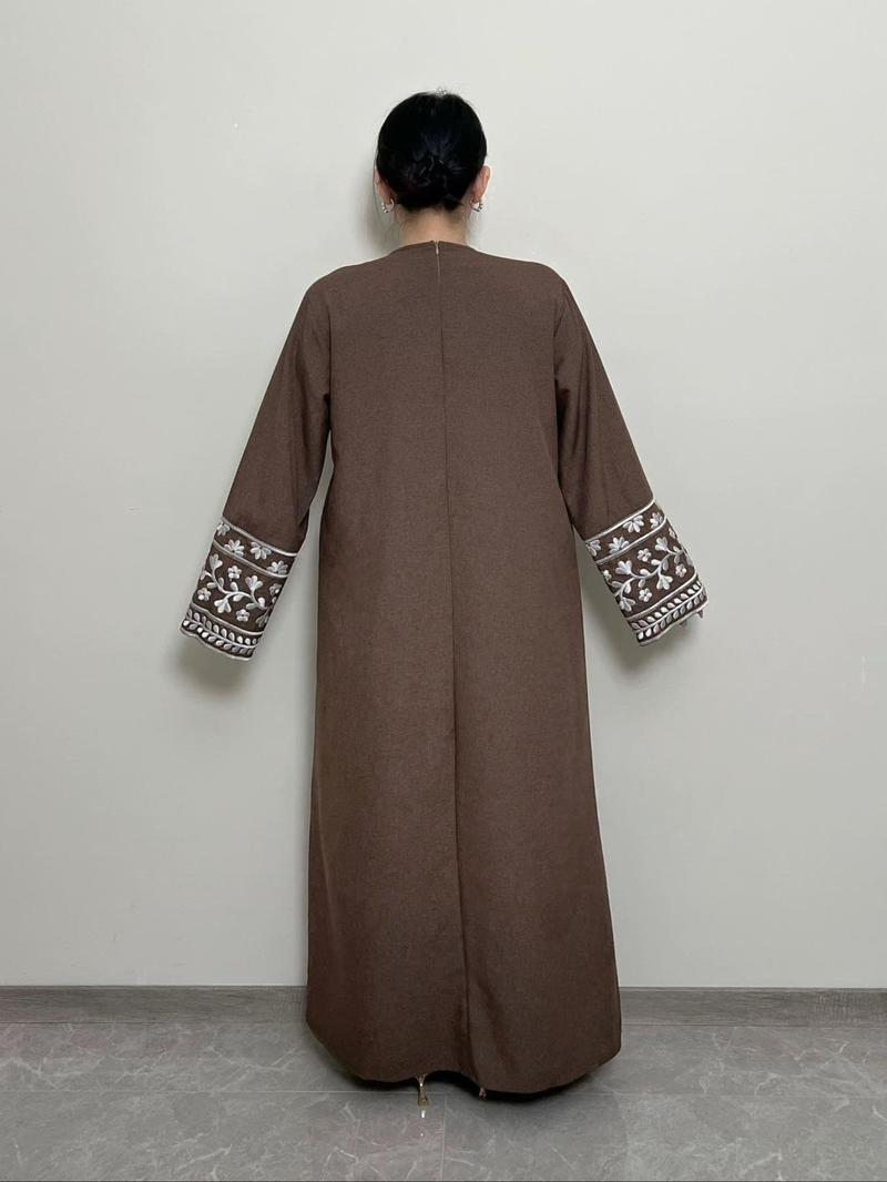 Women's Ethnic Pattern Floral Embroidery Long Sleeve Dress, Casual Round Neck Zipper Dress for Daily Wear, Ladies Islamic Clothing for All Seasons