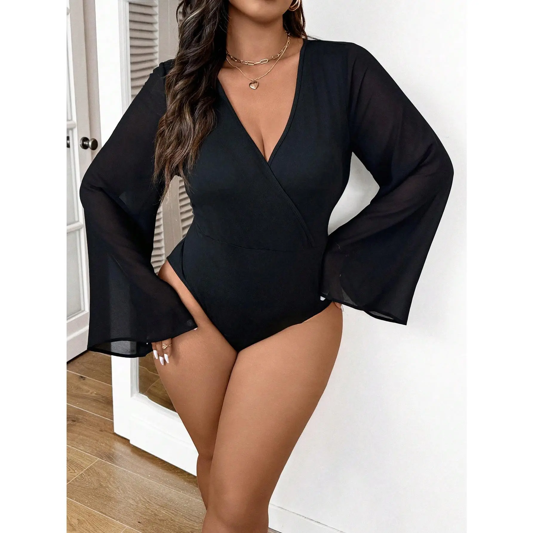 Plus Size Black Casual Minimalist Mesh Contrast Flare Sleeve Bodysuit Spring Winter