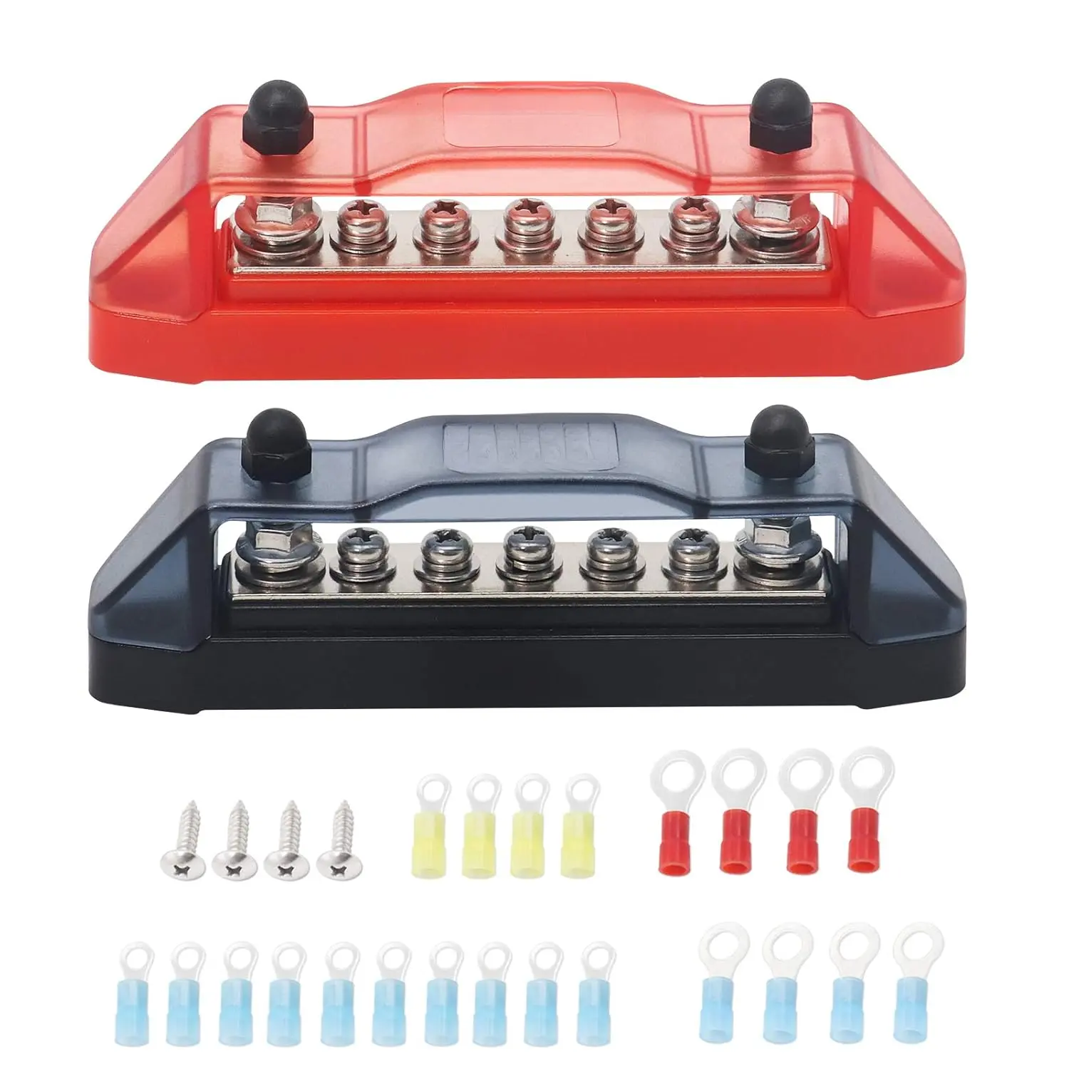 BBS25P Bus Bar Power Block, 2×M5 Studs, 5 Screw Terminals, Pair of Red & Black Power Distribution Blocks with Ring Terminals (2×m5+5pcs Compatible)
