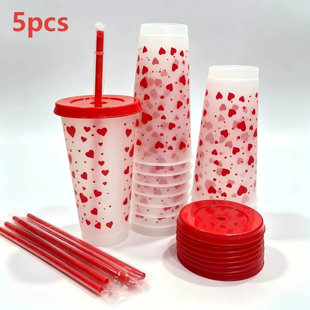24oz Valentine's Day Plastic Cup with Lid and Straw, Reusable Heart Cutout Coffee Cup, Party Supplies for Weddings and Gifts
