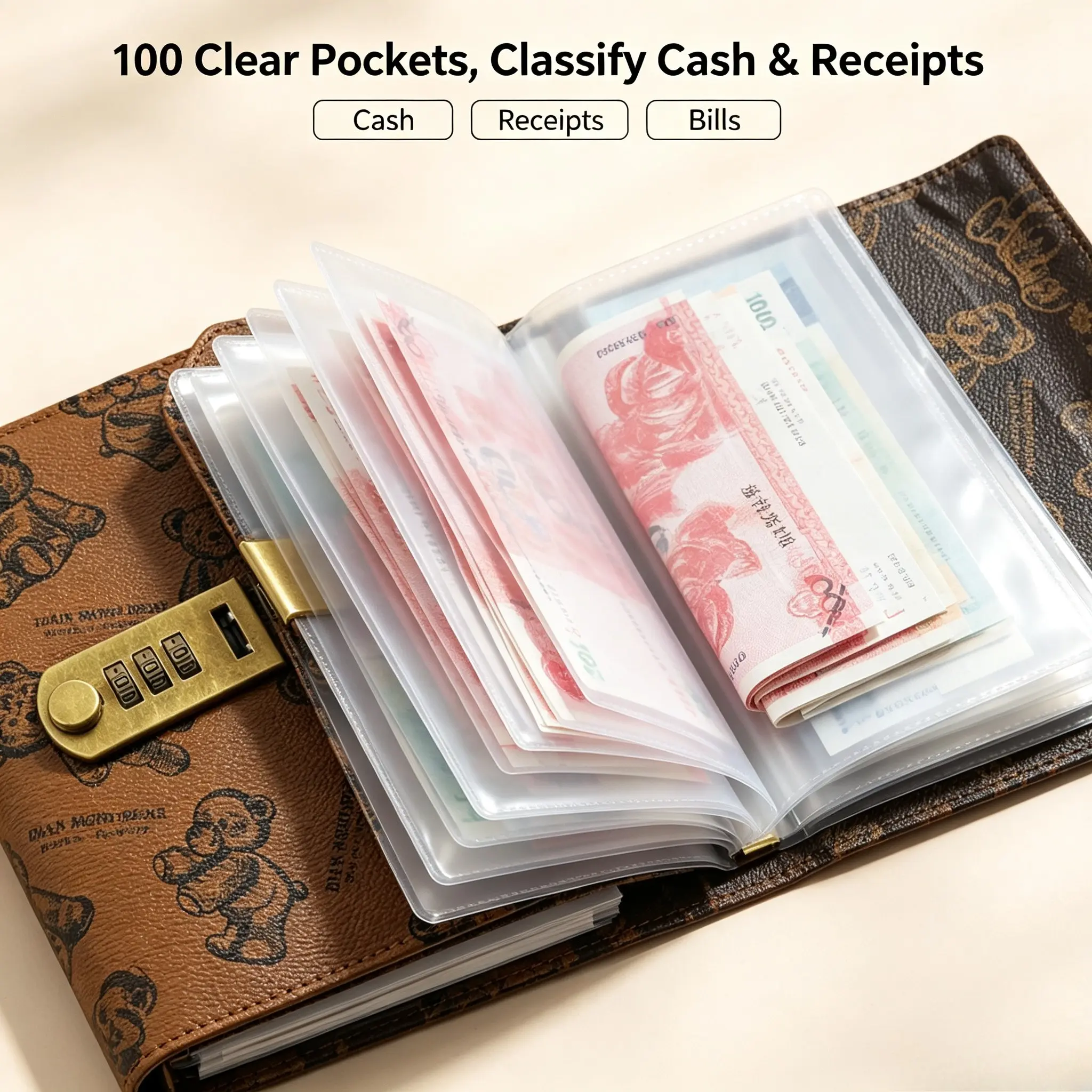 Bear Password Lock Savings Binder, 100 Transparent Pockets, Combination Lock, Secure Money Album, Ideal Gift for Home and Office
