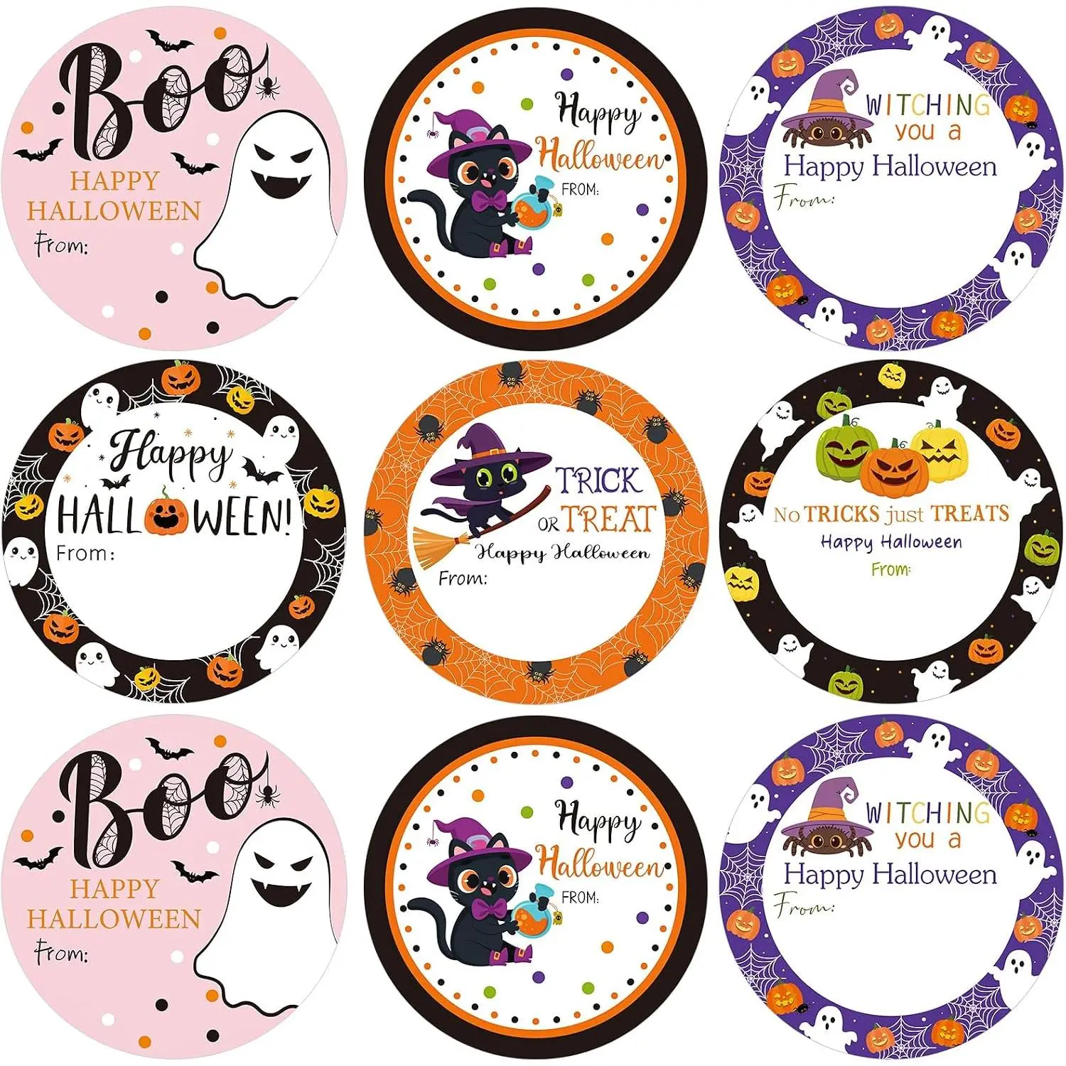 108 count Happy Halloween Stickers 2 Inch Self Adhesive Trick or  Name Tag Stickers Halloween Design Round Spooky Name Label Sticker for  Wrapping Candy Bags Envelope Seals Party Favors