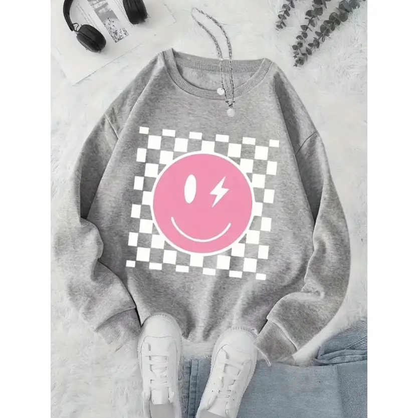 Women's Grey Crewneck Sweater - Pink joyful Face & Lightning Graphic, Long Sleeve Pullover for Fall/Winter, Medium Stretch Sweater for Everyday & party Outfits, Fall Fashion, Trendy Knitwear, Comfortable Fabric, Casual Top, College