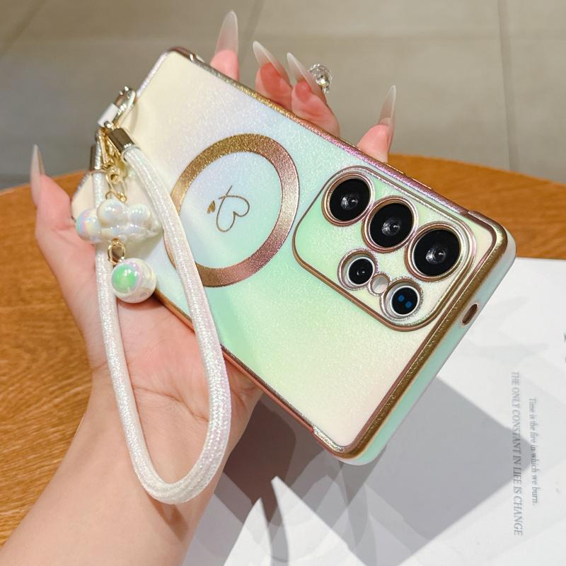 Stylish Electroplated Heart Design Phone Case with Wrist Strap, Compatible with Samsung Galaxy S26/S25/S24/S23/S22/S21 Ultra & Plus, S26/S25 Edge, S24FE/S23FE, Supports Wireless Charging, Anti-Slip and Shockproof Protective Shell