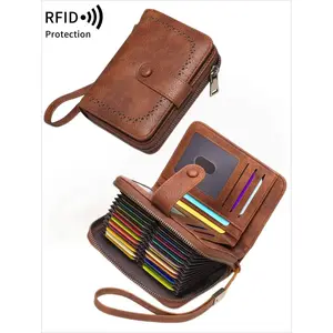 RFID Blocking Short Wallet for Women - Large Capacity Retro Zipper Card Holder with Wristband, Multi-Slot Credit Card Organizer, Everyday Travel Purse Gift