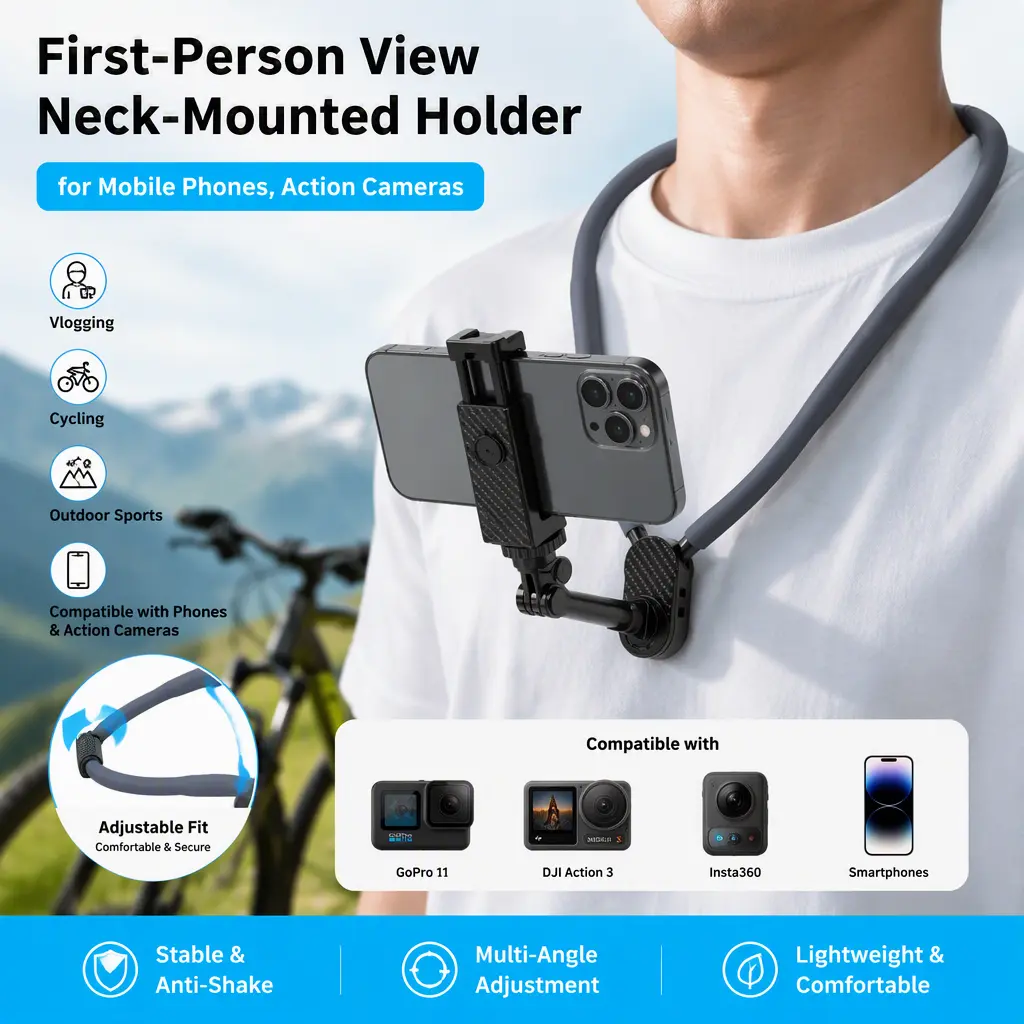 First-Person View Neck-Mounted Holder for Mobile Phones, Action Cameras - Adjustable Fit Accessories for Vlogging, Cycling, Compatible with GoPro11, DJI