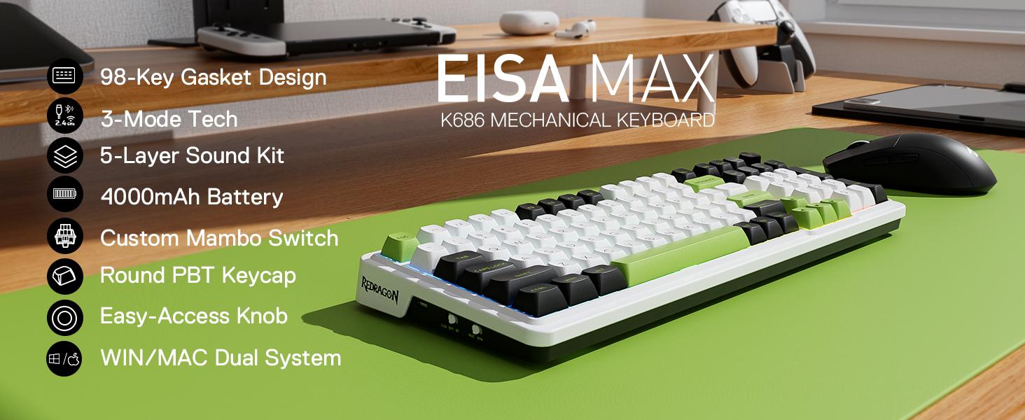 Redragon K686 PRO 98 Keys Wireless Gasket RGB Gaming Keyboard, 3-Mode PBT Mechanical Keyboard w/Hot-Swap Socket, Dedicated Knob Control & 5-Layer Noise Dampening, Custom Linear Switch