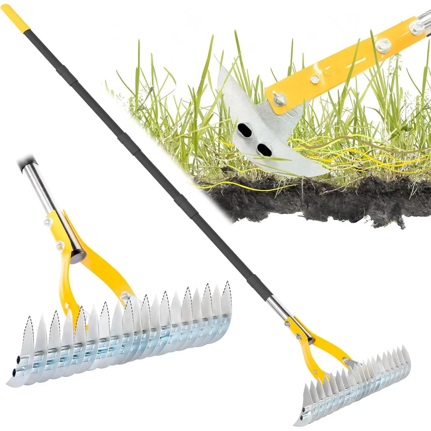 Thatch Rake for Lawn with 74inch Handle, 15 inch Dethatcher Rake for Grass to Cleaning  Grass, Efficient Steel Metal Rake for Dethatching, Heavy Duty Thatching Rakes for Garden, Yard
