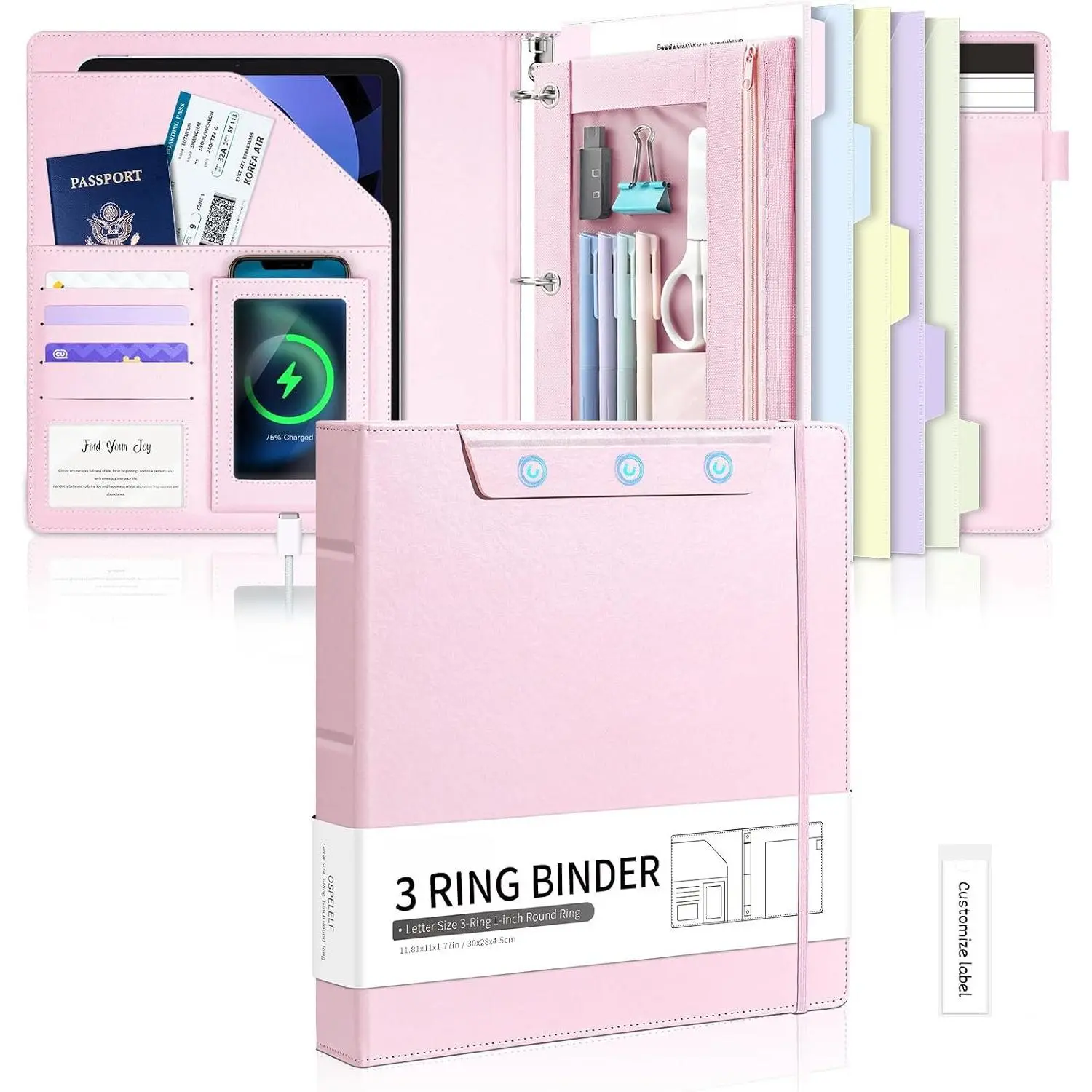Leather Binder with  Clipboard, 1 Inch Binders 3 Ring with Storage Zipper Pouch, Pocketed Dividers, Professional Clipboard Folder for School Office