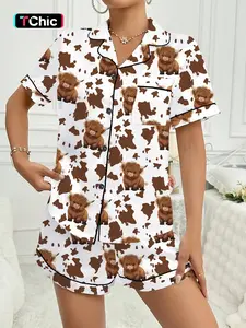 Valentine's Day Women's Sleepwear Pajama Set, Comfortable Cute Elastic Highland Cow Milk Cow Pattern Shirt and Pants Two-Piece Suit