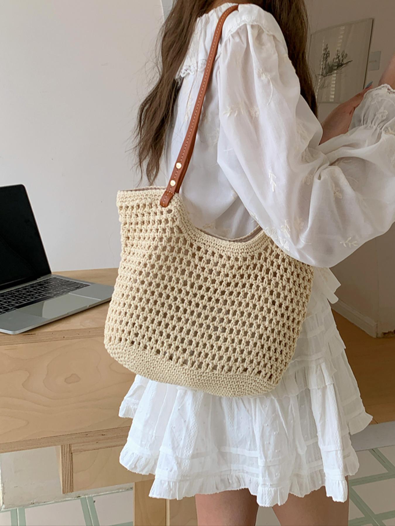 Women's Solid Color Crochet Shoulder Bag, Large Capacity Boho Straw Bag, Casual Trendy Versatile High-quality Daily Commuting Bag, Girl Fashionable Shopping Bag