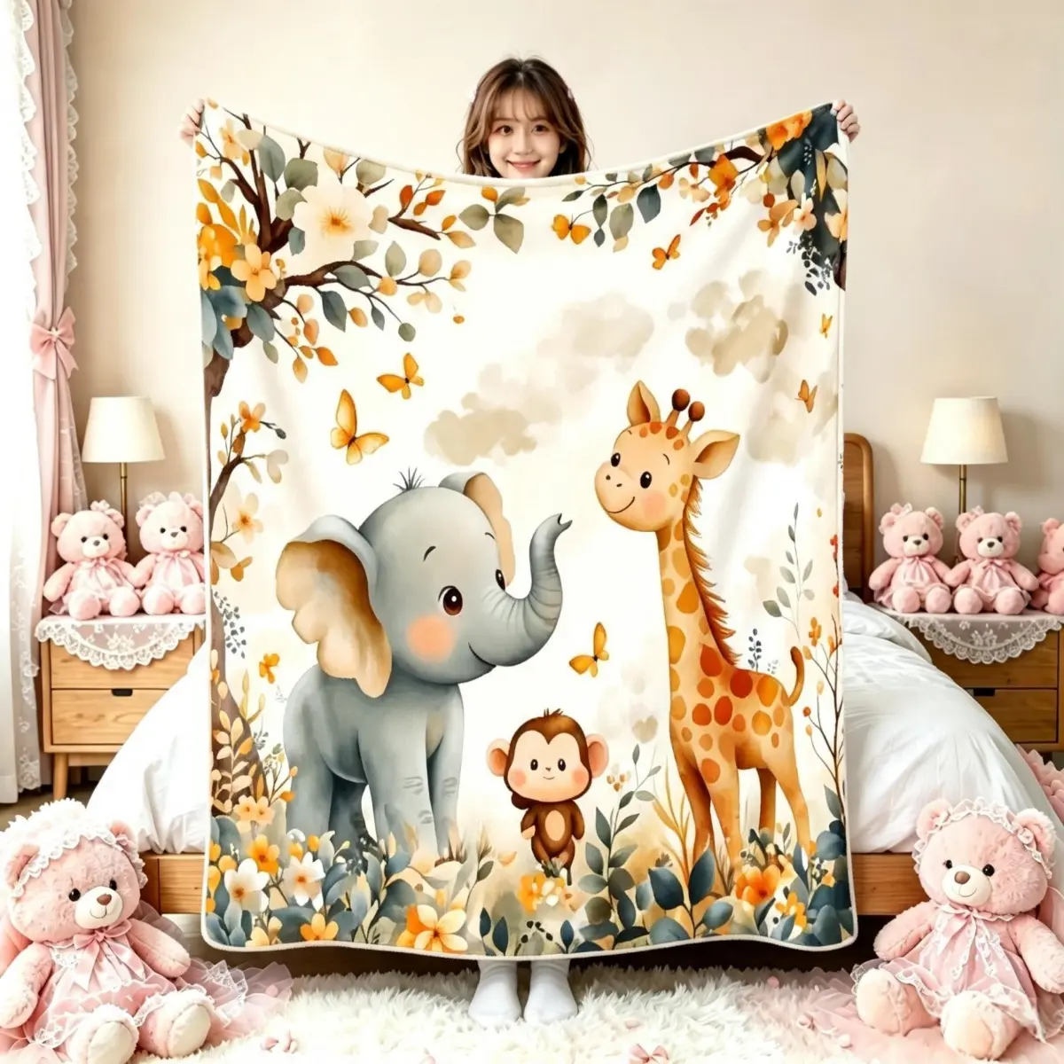 Ultra Soft Animal Prints Flannel Fabric Throw Blanket - Cartoon Elephant, Giraffe, Monkey & Floral Design - Multi-Purpose Home & Outdoors All Season Blanket for Sofa, Bed - Perfect Nursery Gift