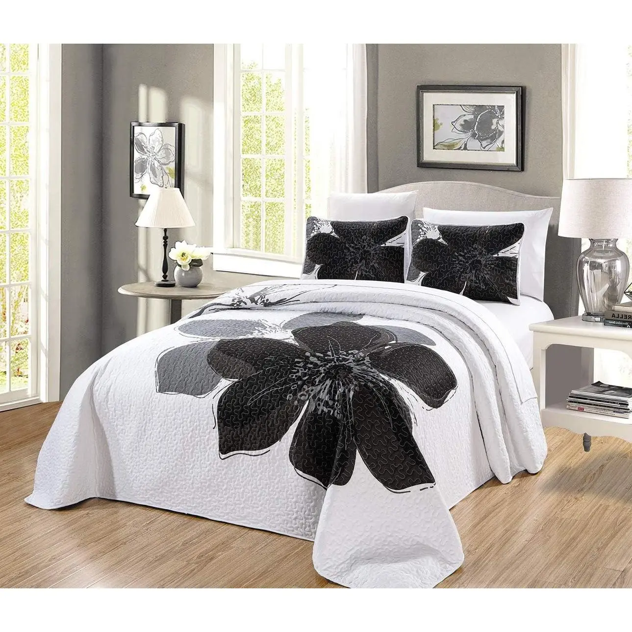 3-Piece Fine Printed (90" X 88") Quilt Set Reversible Bedspread Coverlet (Double) Full Size Bed Cover (White, Black, Grey Hibiscus Floral)